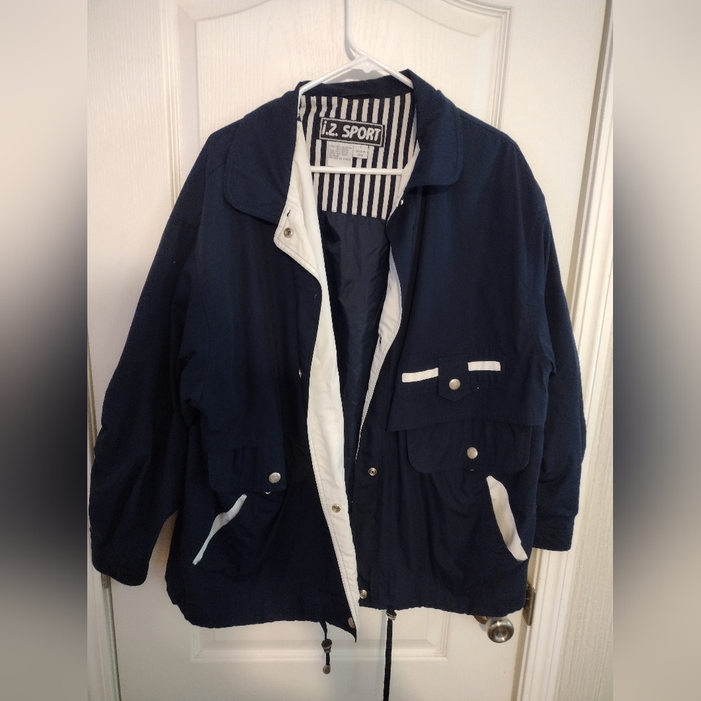 I. Z. Sport women's long sleeve jacket, size L, blue and white